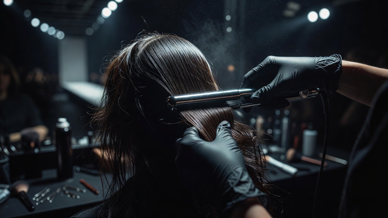 Backstage macro hair styling preparations under dark ambient fashion studio runway lighting