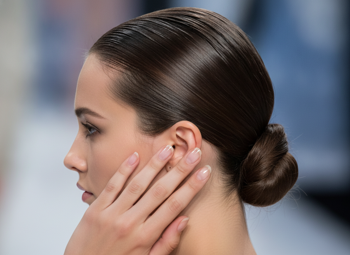 Runway model sleek back hairdo showcasing polished cuticle light reflections