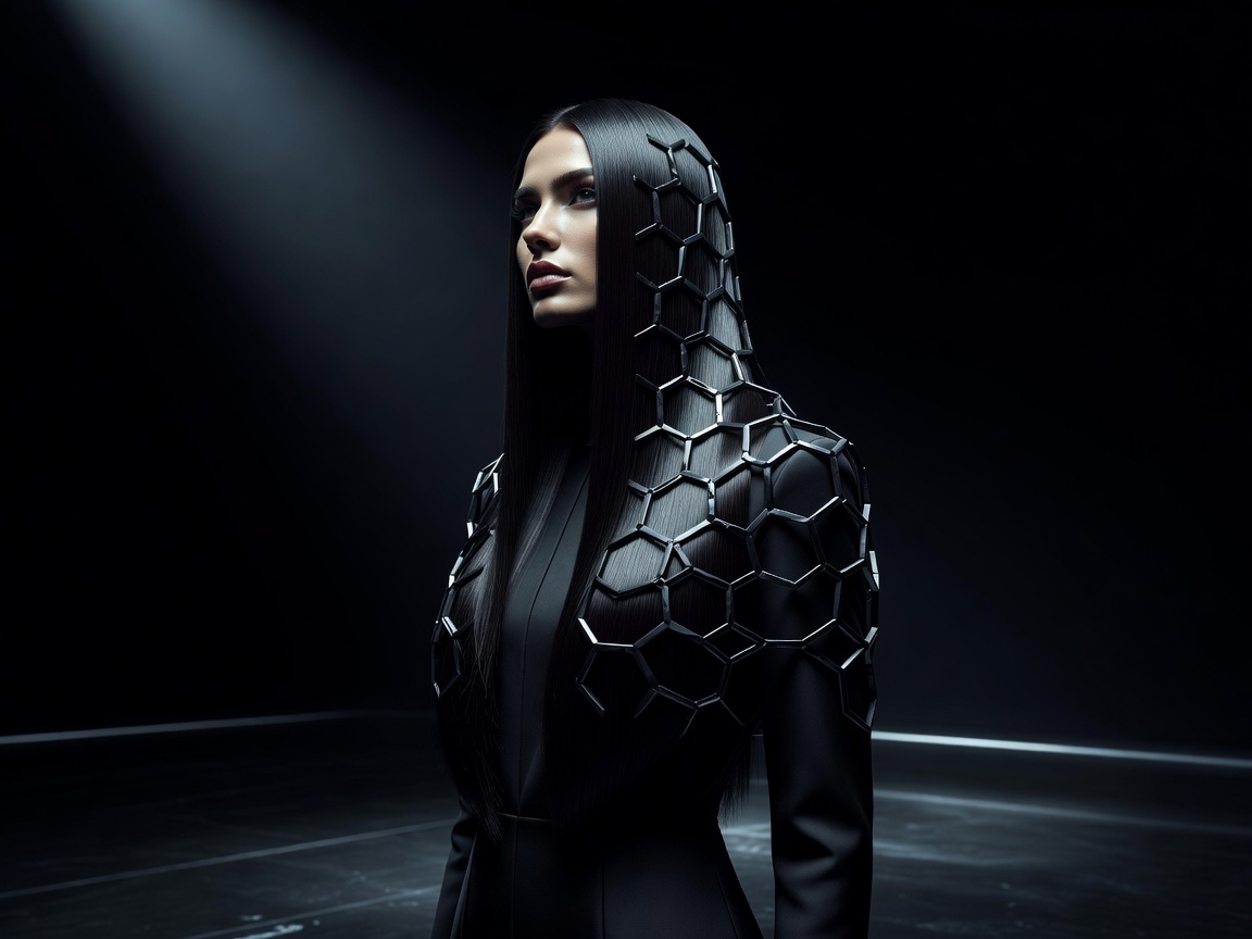 Sleek high-fashion hair model posing in high contrast dark studio setting representing molecular strength